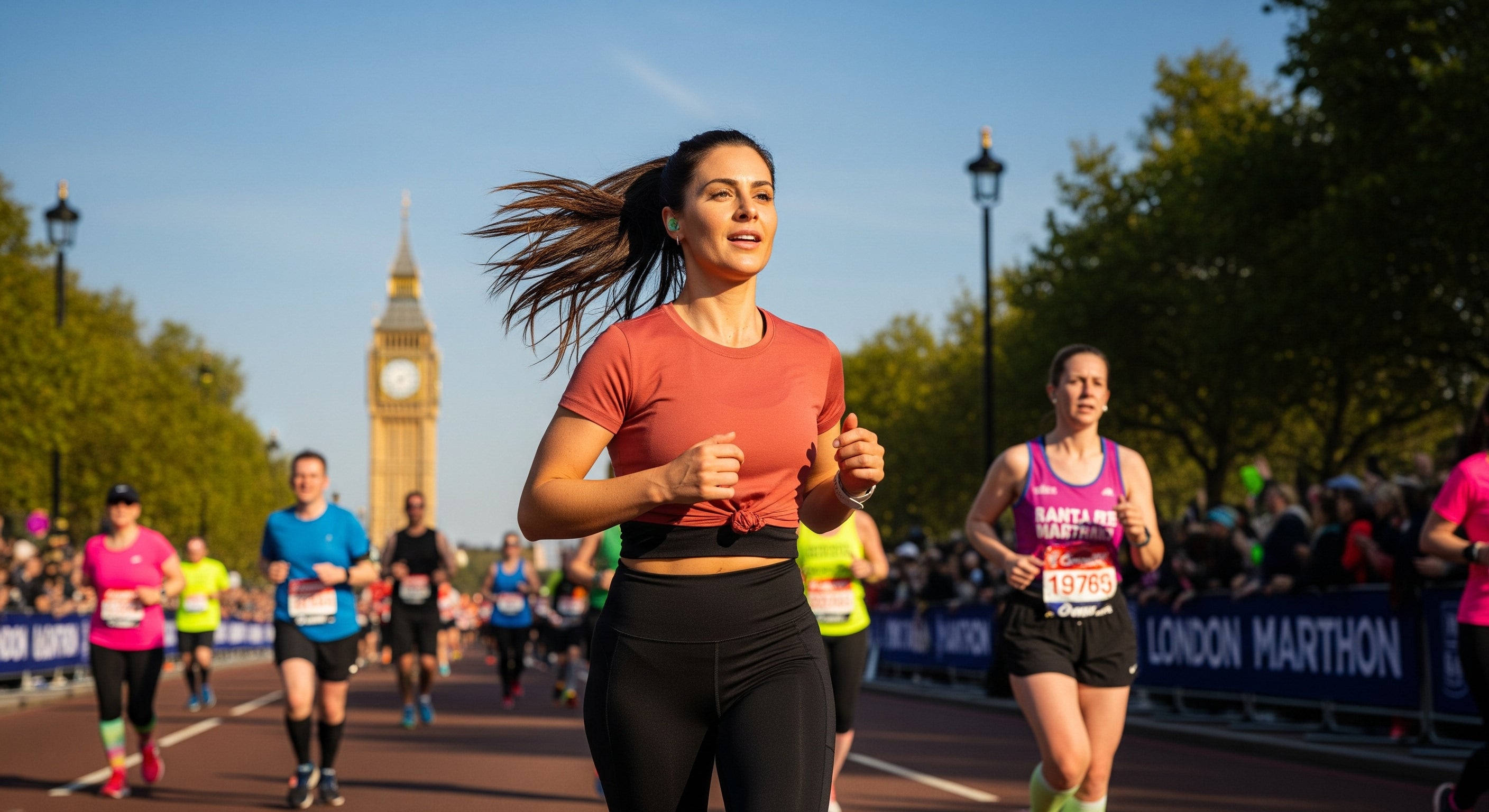 Woman running in a marathon with Big Ben in the background